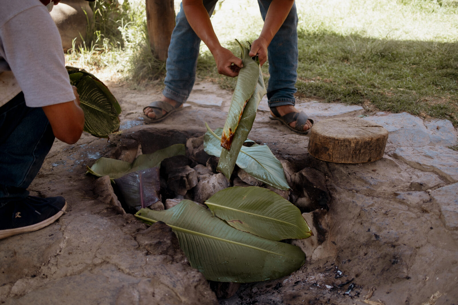 Banana leaves used as cover for ground stove