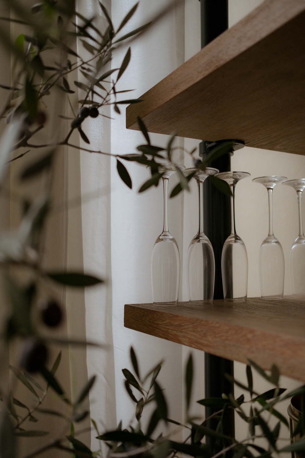 Wine glasses and greenery on shelf